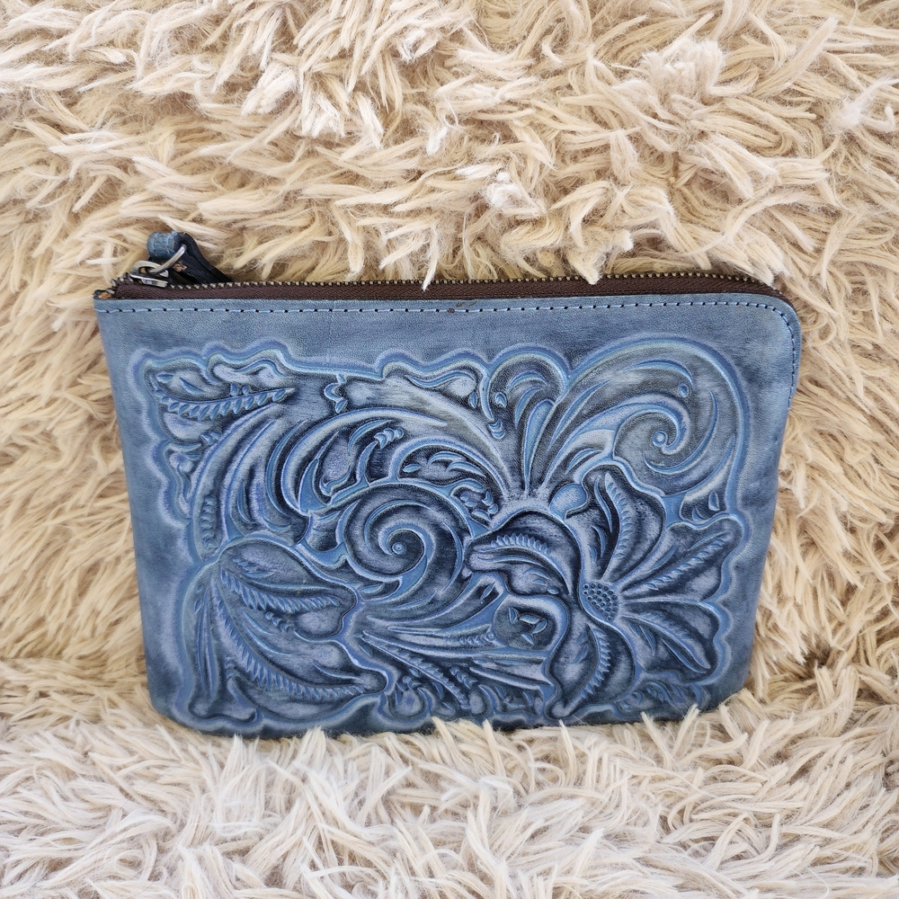 Patricia Nash Cassini Blue Floral Embossed Wristelt Clutch